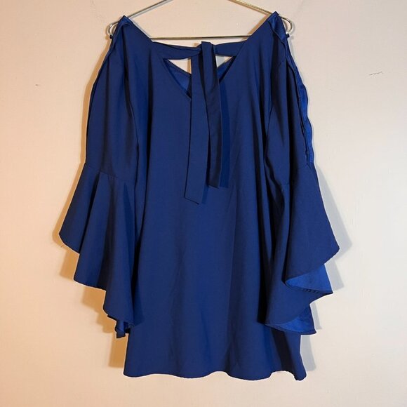 Lane Bryant Plus Navy Big Bell Sleeve V-Neck Blouse - Picture 2 of 10